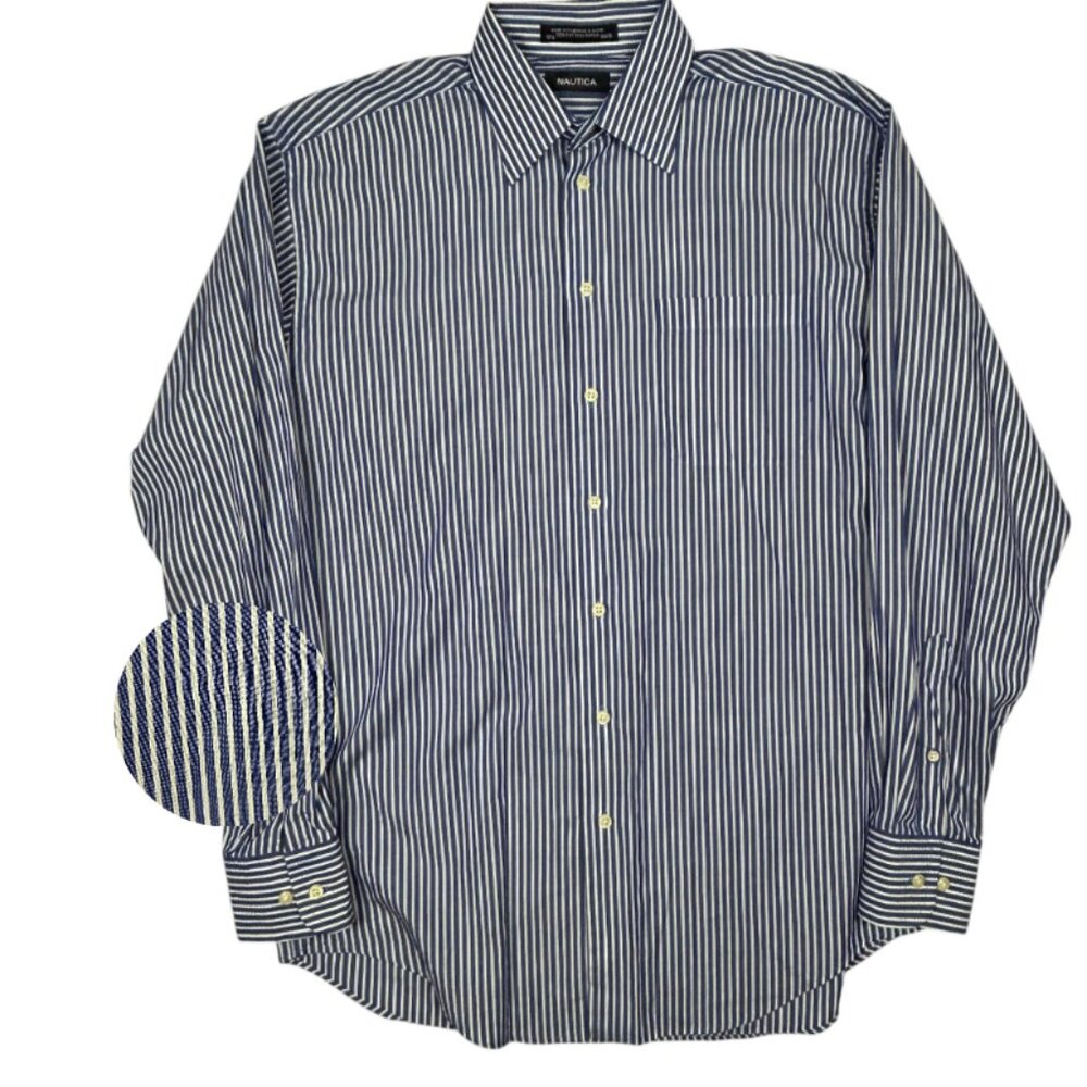 Nautica Shirt Mens 15.5 34/35‎ Blue White Striped Long Sleeve Button Down Cotton